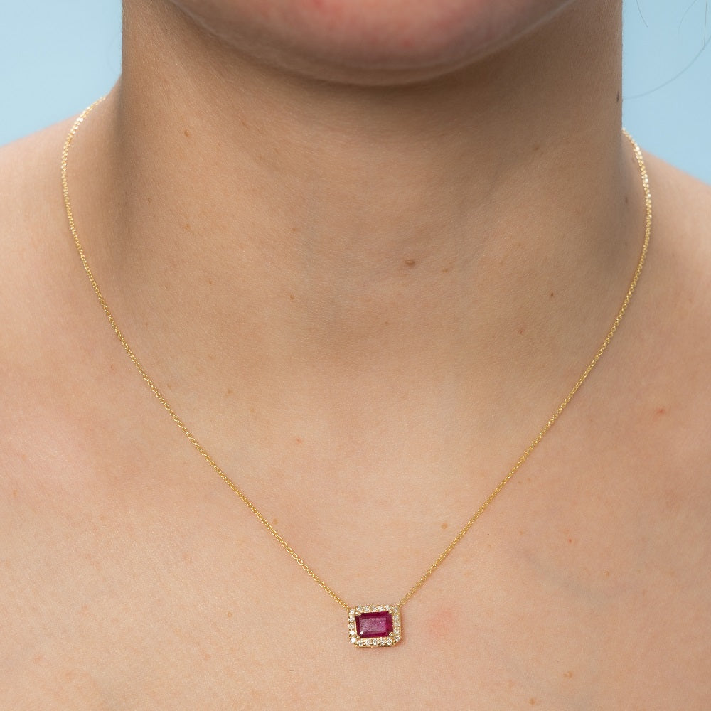 Emerald Cut Ruby & Diamond Halo Necklace (1.41 ct.) in 14K Gold