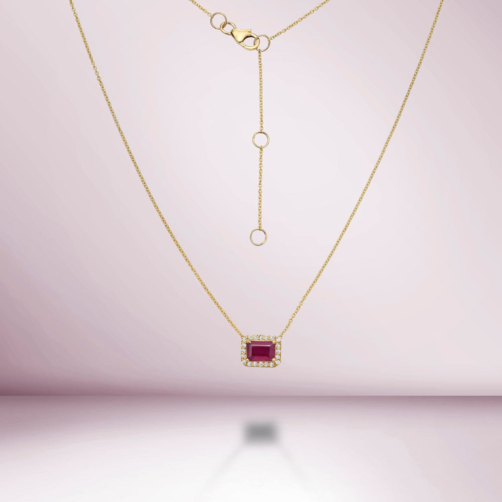 Emerald Cut Ruby & Diamond Halo Necklace (1.41 ct.) in 14K Gold