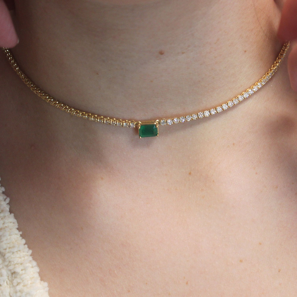 Diamond Tennis Necklace With Emerald Cut Emerald 7.20x5mm (5.50 ct.) 2 mm 4-Prongs in 14K Gold