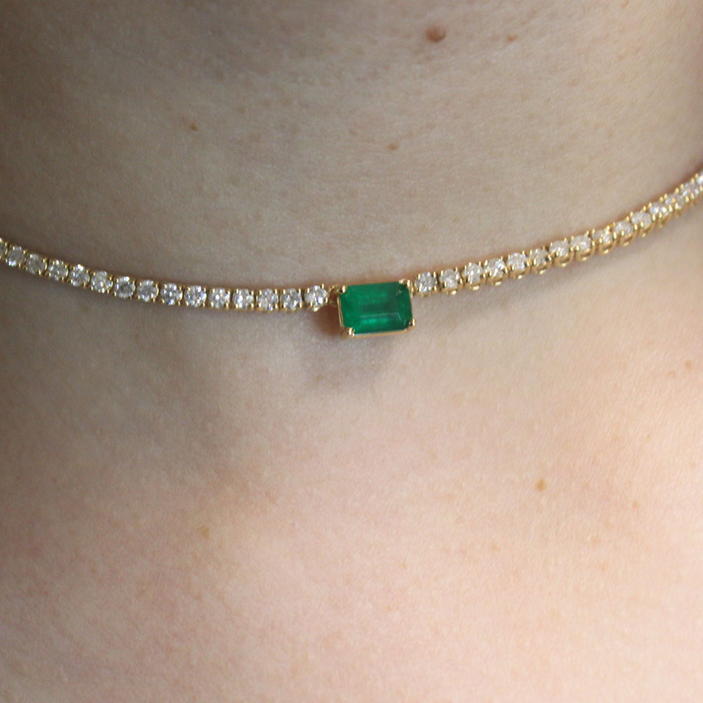 Diamond Tennis Necklace With Emerald Cut Emerald 7.20x5mm (5.50 ct.) 2 mm 4-Prongs in 14K Gold