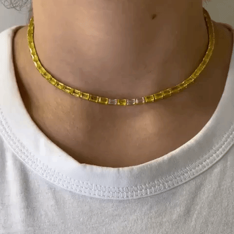 Baguette Shape Yellow Sapphire & Baguette Diamond Choker Necklace (20.23ct.) 4-Prongs Setting in 18K Gold