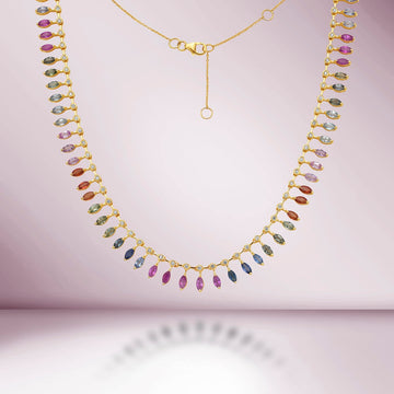 Diamond & Dangling Marquise Shape Rainbow Sapphire Choker Necklace (13.40 ct.) in 14K Gold
