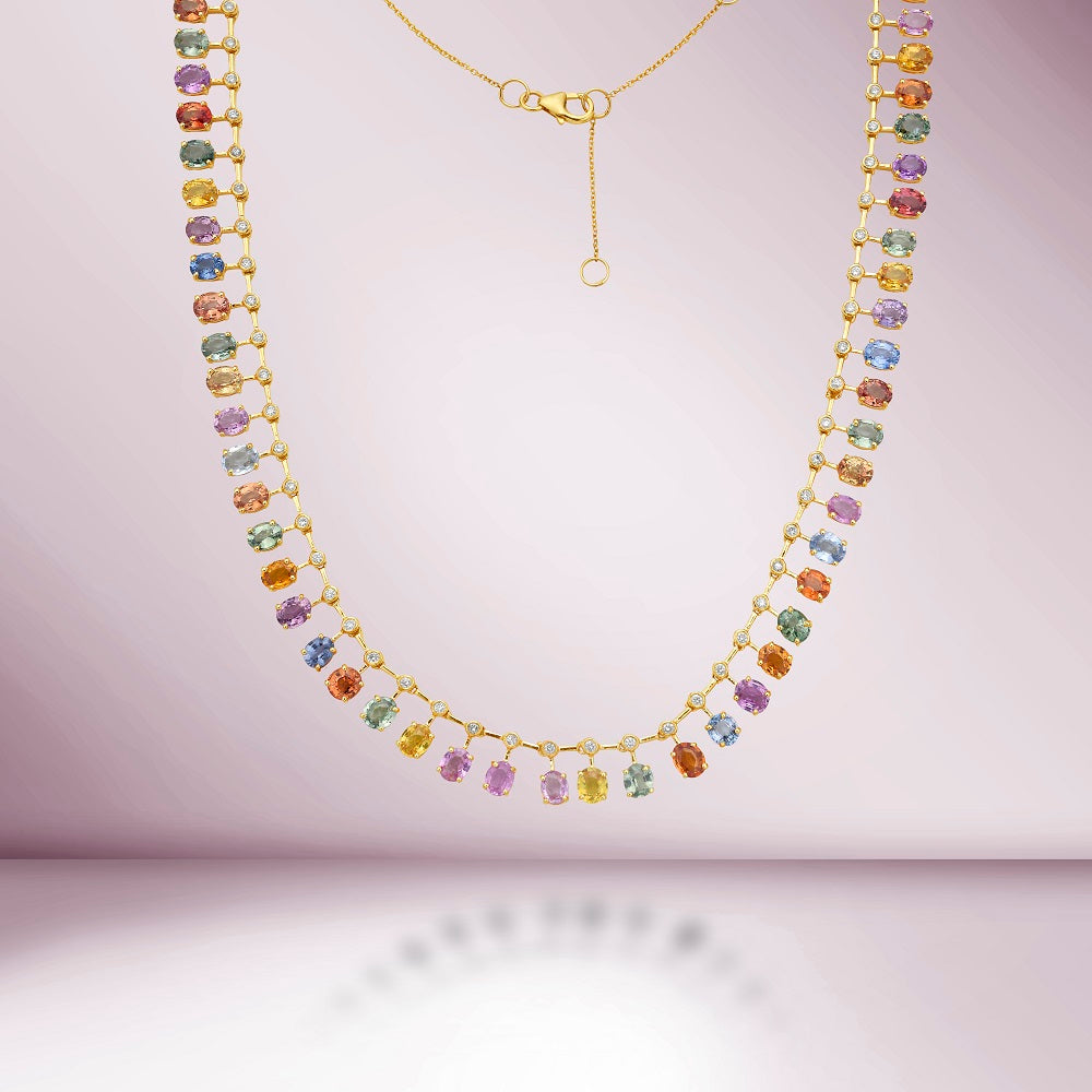 Diamond & Dangling Oval Shape Rainbow Sapphire Choker Necklace (25.85 ct.) in 14K Gold