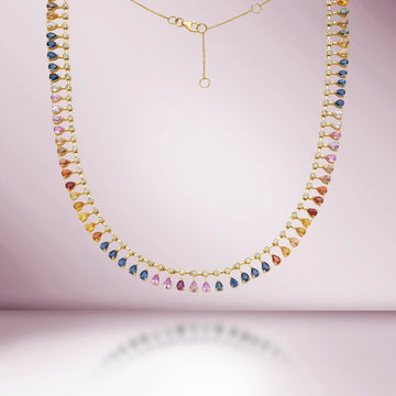 Diamond & Dangling Pear Shape Rainbow Sapphire Choker Necklace (15.00 ct.) in 14K Gold