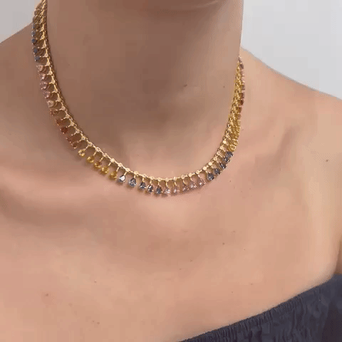 Diamond & Dangling Pear Shape Rainbow Sapphire Choker Necklace (15.00 ct.) in 14K Gold