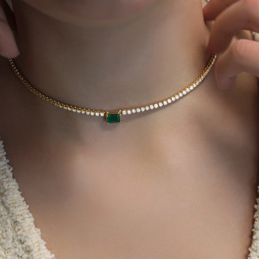 Diamond Tennis Necklace With Emerald Cut Emerald 7.20x5mm (5.50 ct.) 2 mm 4-Prongs in 14K Gold