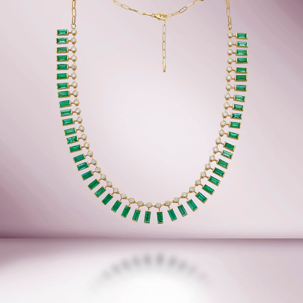 Diamond & Dangling Emerald Cut Emerald Choker Necklace (18.55 ct.) in 14K Gold