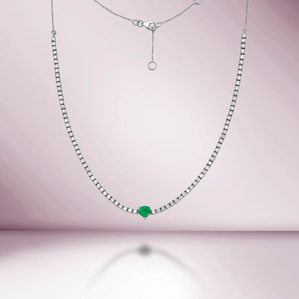 Half Way Diamond Tennis Necklace With Heart Shape Emerald & Half Chain (3.36 ct.) 4-Prongs Setting in 14K Gold