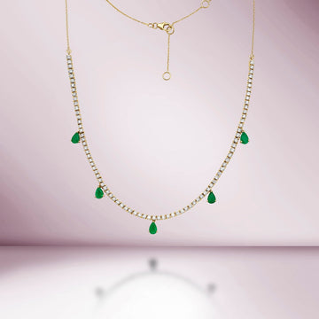HalfWay Diamond Tennis Necklace With Emerald Pear Shape Drops (4.75 ct.) in 14K Gold