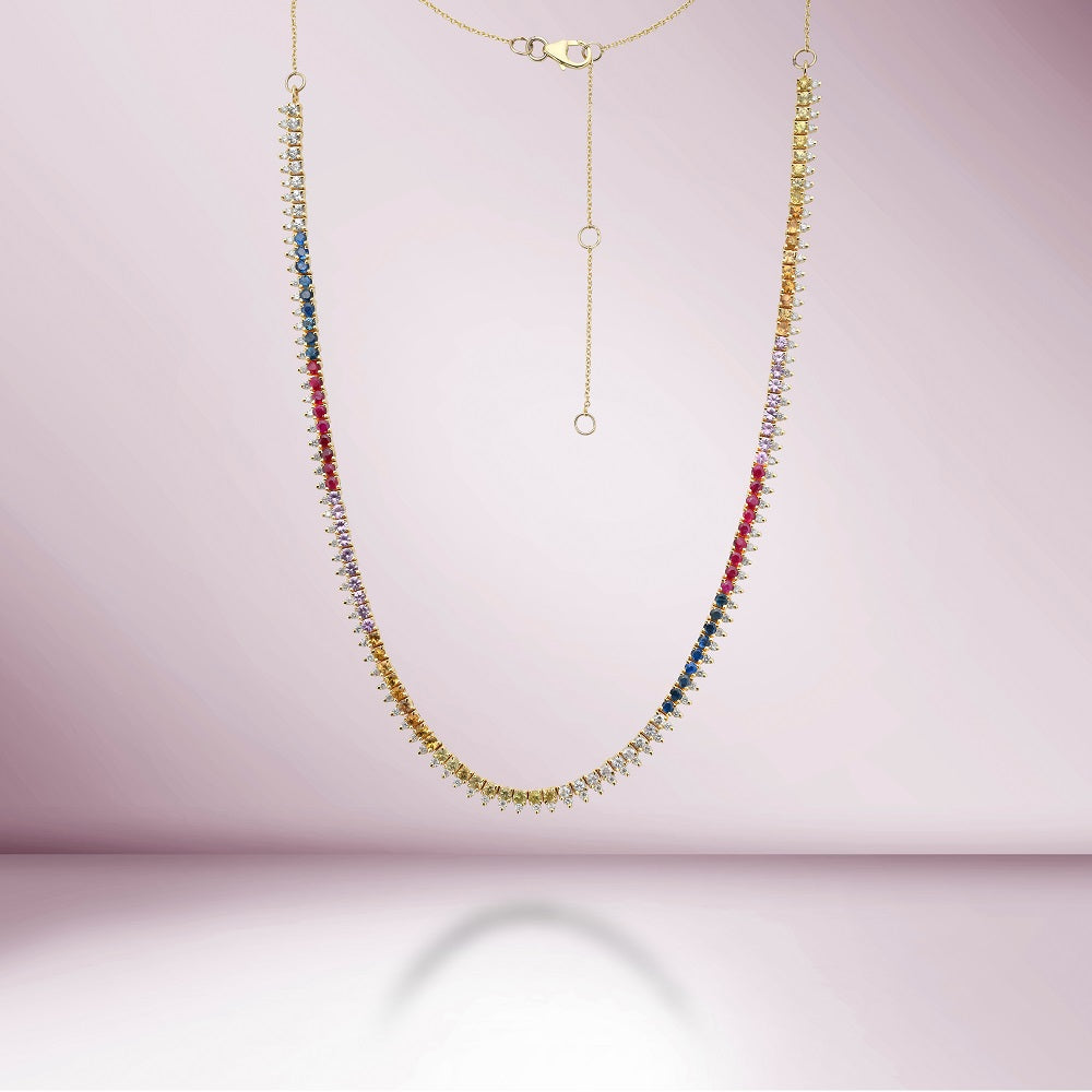 Rainbow Sapphire & Diamonds Halfway Tennis Necklace (6.75 ct.) in 14K Gold