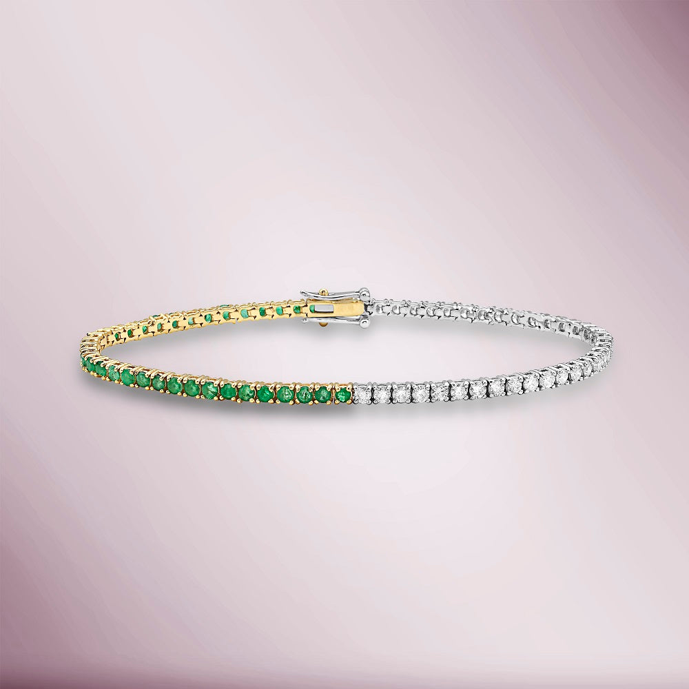 Half Diamonds & Half Emerald Tennis Bracelet (3.15ct.) 4-Prongs Setting in 14K Gold