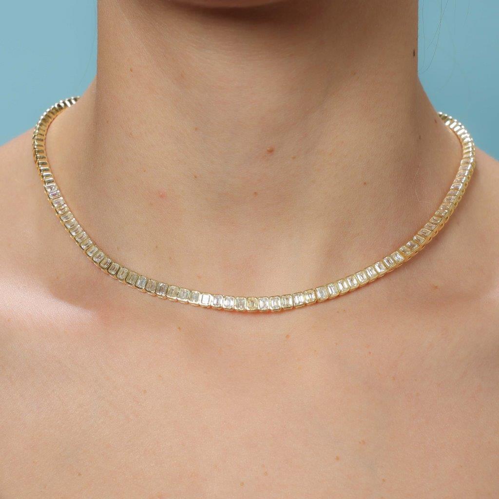 Half Way Emerald Cut Diamond Tennis Necklace (7.50 ct) Bezel Set in 18K Gold