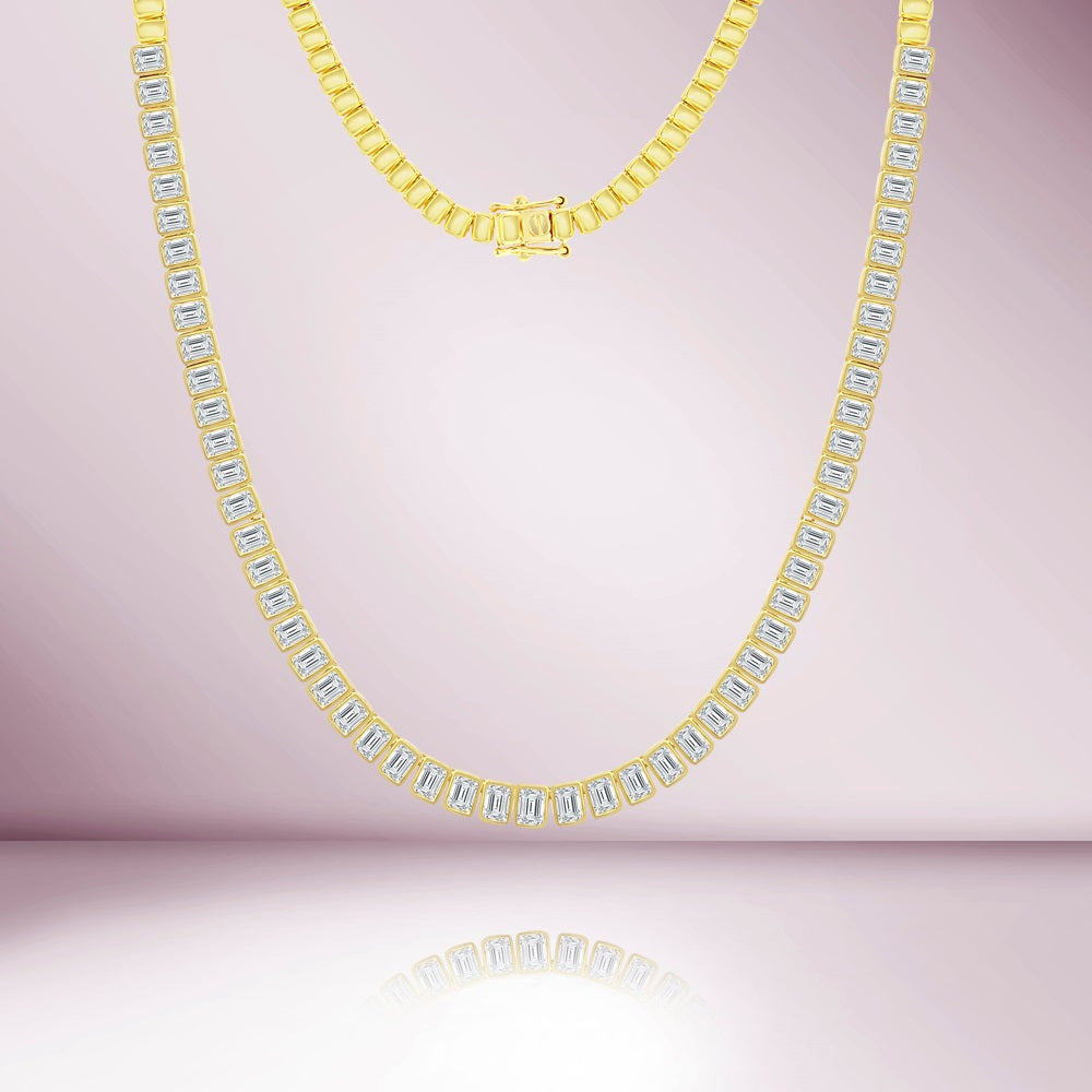 Half Way Emerald Cut Diamond Tennis Necklace (7.50 ct) Bezel Set in 18K Gold