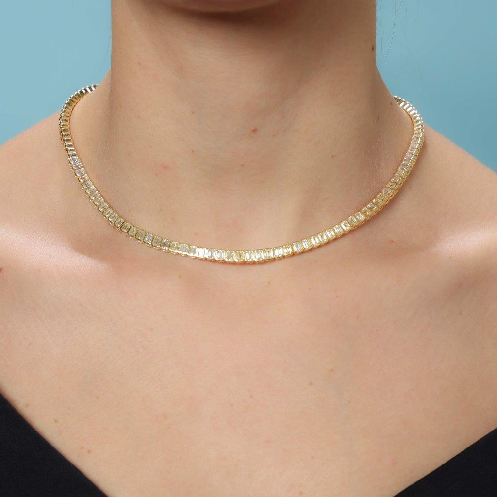 Half Way Emerald Cut Diamond Tennis Necklace (7.50 ct) Bezel Set in 18K Gold