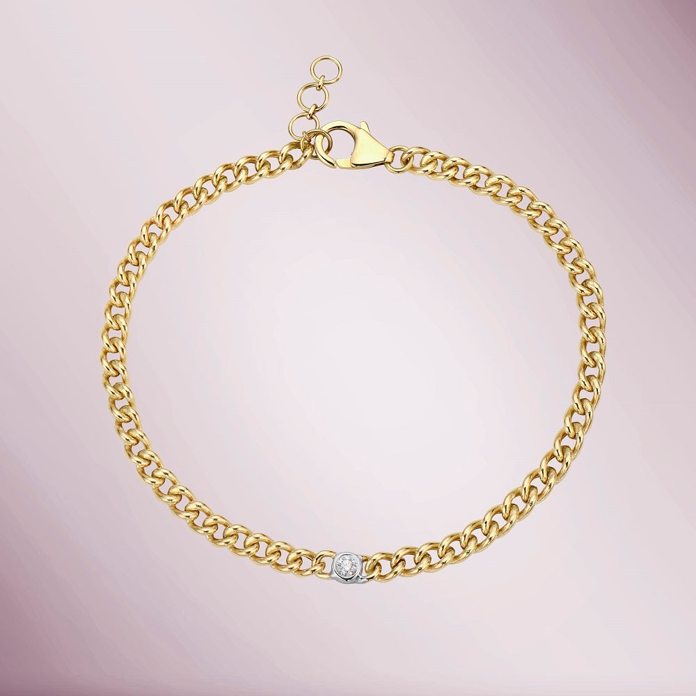 Mini Cuban Link Bracelet With Single Diamond (0.06 ct.) in 14K Gold