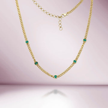 Mini Cuban Link Necklace With  Emerald Cut Emeralds (1.03 ct.) Bezel Set in 14K Gold