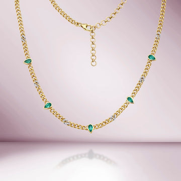 Mini Cuban Link Necklace With Diamonds & Pear Shape Emeralds (1.07 ct.) in 14K Gold