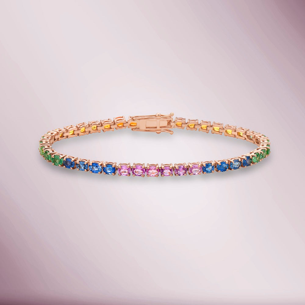 Multicolor Rainbow Oval Sapphires Tennis Bracelet (10.00 ct.) 4-Prongs Setting in 14K Gold