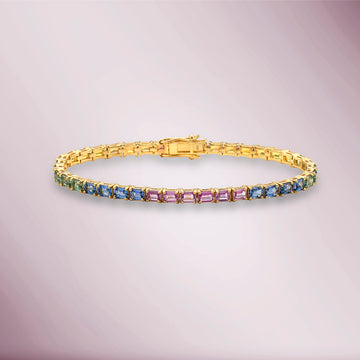 Multicolor Rainbow Sapphires Tennis Bracelet ( 10.50 ct. t.w. ) in solid 14k Gold, Emerald Cut Multi Sapphire 4-Prongs Tennis Bracelet