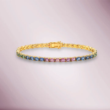 Multicolor Rainbow Sapphires Tennis Bracelet ( 10.50 ct. t.w. ) in solid 14k Gold, Emerald Cut Multi Sapphire 4-Prongs Tennis Bracelet