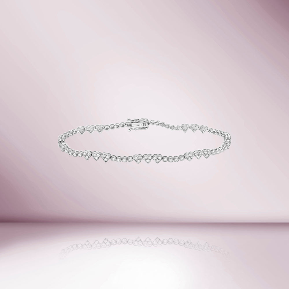 Alternate Diamond Heart Shape Tennis Bracelet (1.65 ct.) 2.8 mm Buttercup Setting in 14K Gold