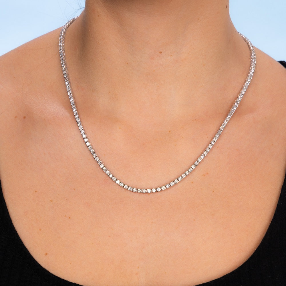 Natural Diamonds Tennis Necklace ( 12.50 ct. t.w. ) in solid 14k Gold, 3 mm White Round Diamond 4-Prongs Tennis Necklace