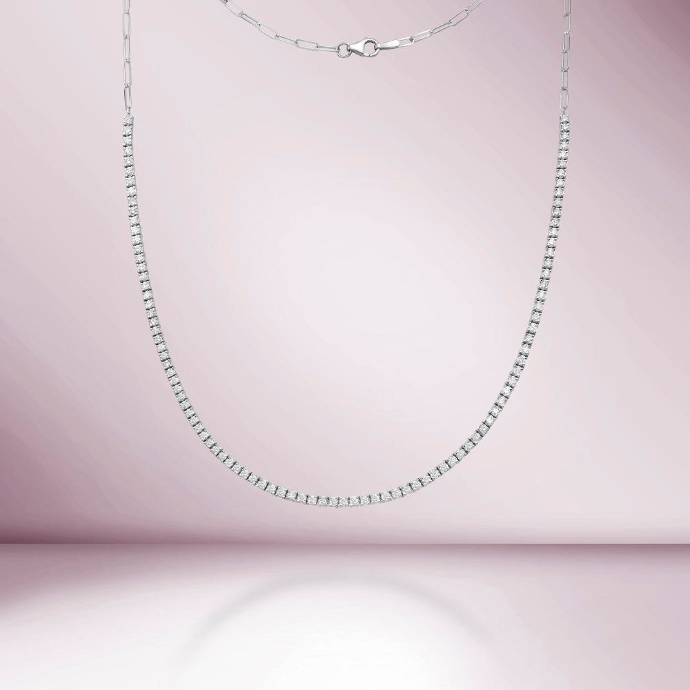 Half Way Diamond Tennis necklace & Half Paperclip Chain ( 2.50 ct.) 4-Prongs Setting in 14K Gold