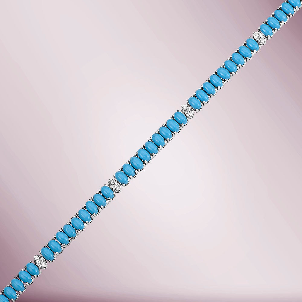 Natural Diamonds and Turquoise Oval Tennis Bracelet ( 8.20 ct. t.w. ) in solid 14k Gold, White Diamond and Turquoise 4-Prongs Tennis Bracelet