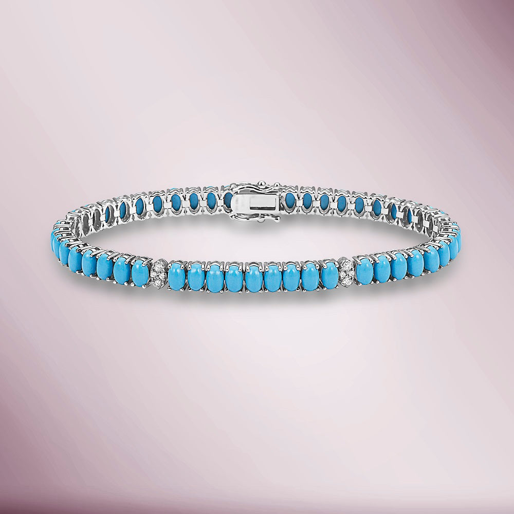 Natural Diamonds and Turquoise Oval Tennis Bracelet ( 8.20 ct. t.w. ) in solid 14k Gold, White Diamond and Turquoise 4-Prongs Tennis Bracelet