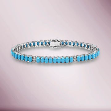 Natural Diamonds and Turquoise Oval Tennis Bracelet ( 8.20 ct. t.w. ) in solid 14k Gold, White Diamond and Turquoise 4-Prongs Tennis Bracelet