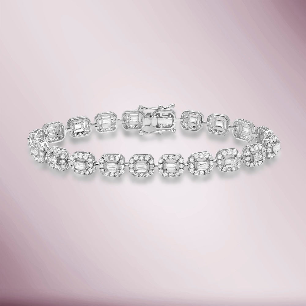 Round & Baguette Diamonds Halo Square Shape Link Bracelet (4.90 ct.) in 14K Gold