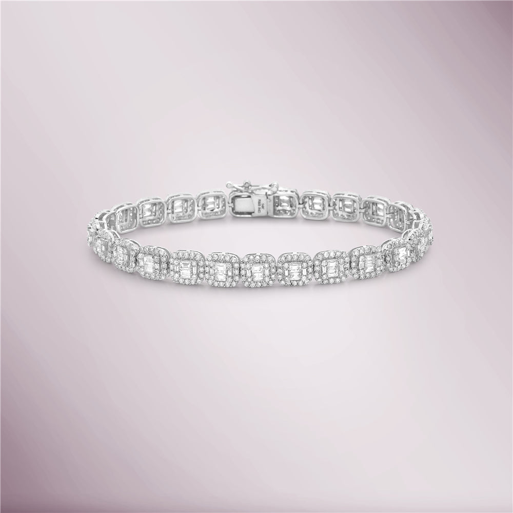 Natural Round and Baguette Diamonds Halo Rectangular Shape Tennis Bracelet ( 5.00 ct. t.w. ) in solid 14k Gold