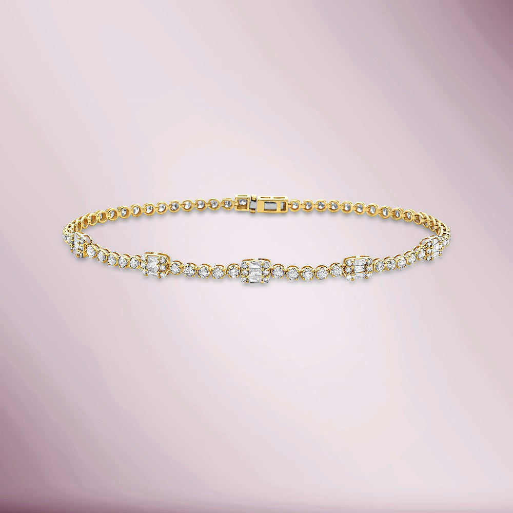 Round & Baguette Diamonds Rectangular Shape Tennis Bracelet (2.15 ct.) Buttercup Setting in 14K Gold