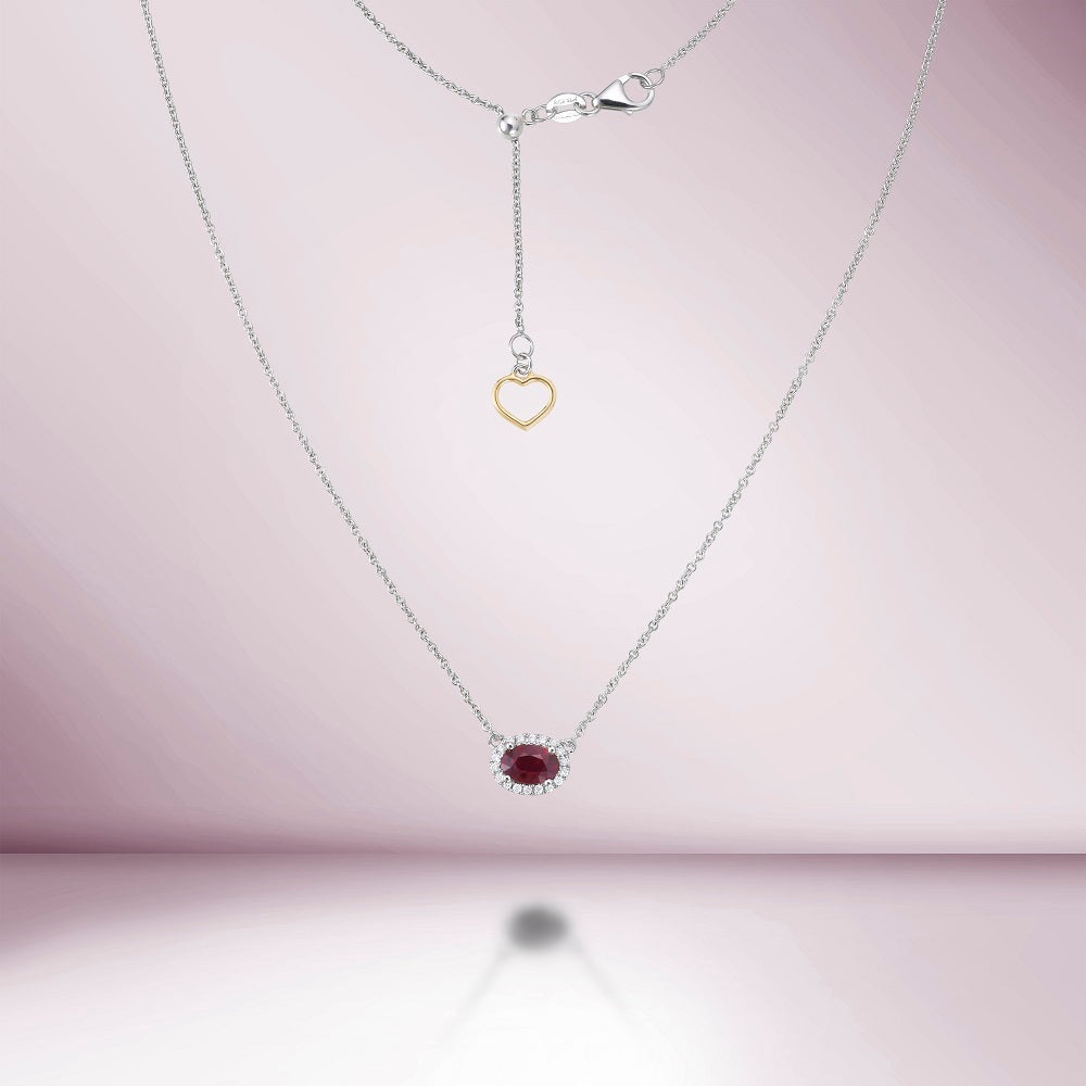 Oval Red Ruby With Diamond Halo Necklace (0.59 ct.) in 18K Gold