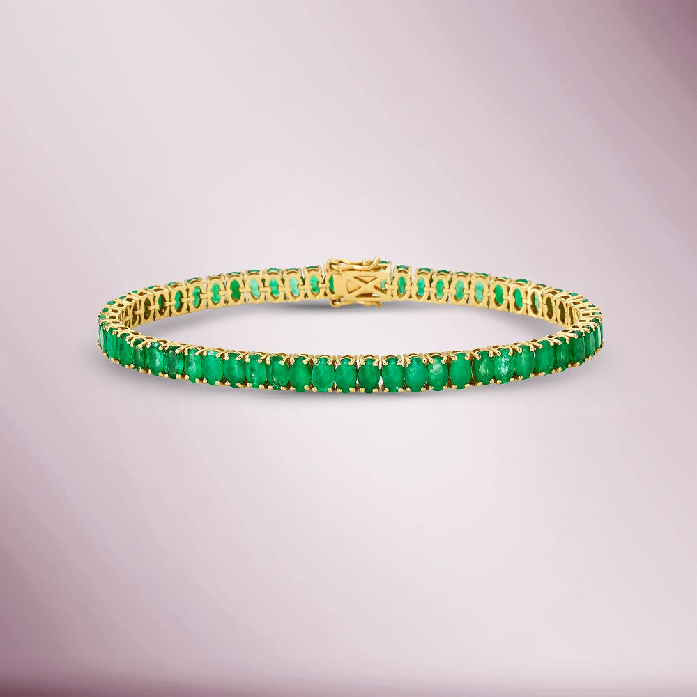 Oval Shape Emerald Tennis Bracelet (12.90 ct.) 4-Prongs Setting in 14K Gold