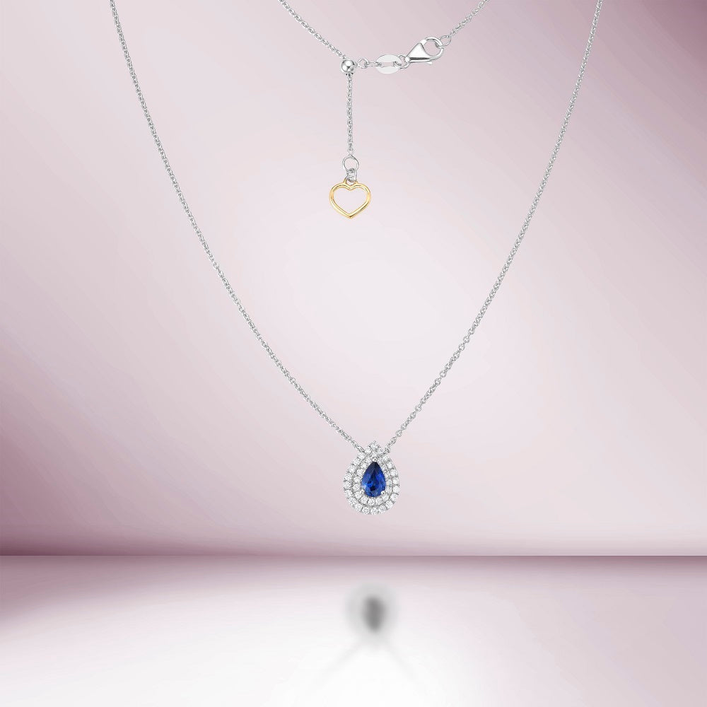 Pear Shape Blue Sapphire With Diamond Halo Necklace (0.73 ct.) in 18K Gold