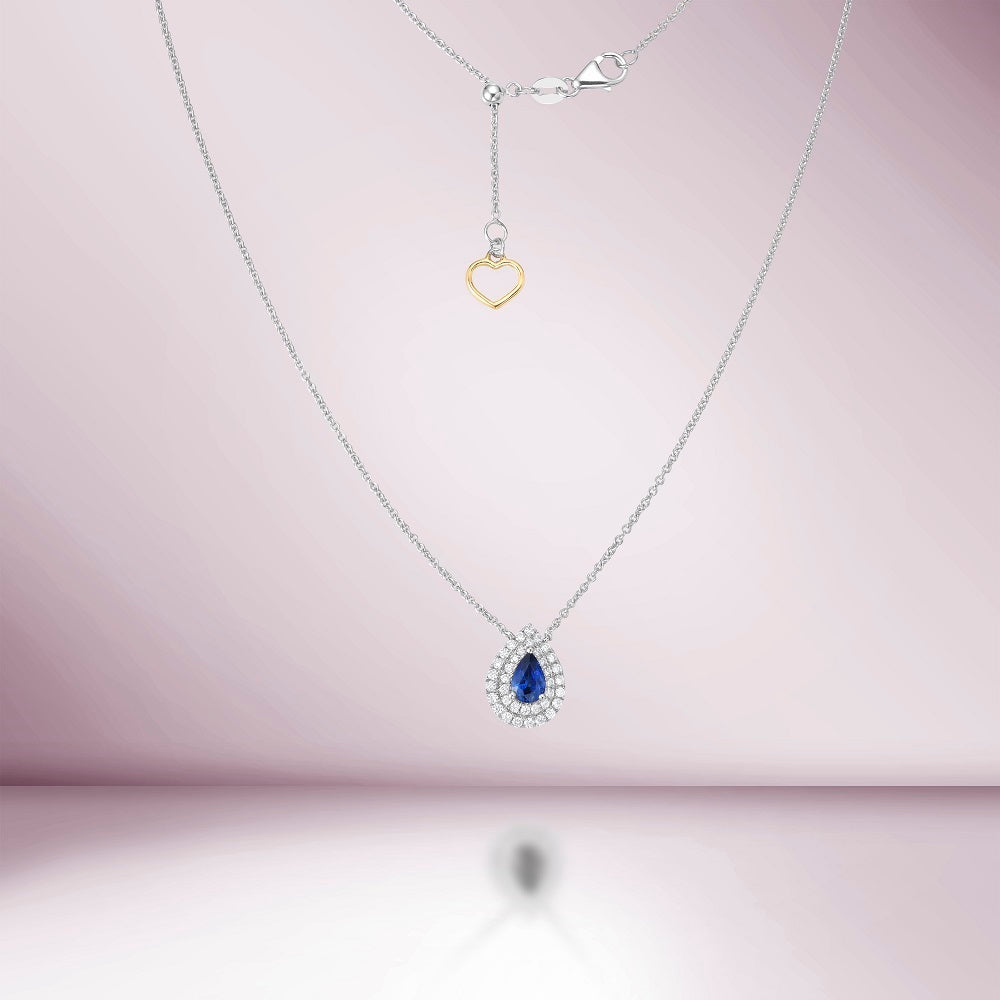 Pear Shape Blue Sapphire With Diamond Halo Necklace (0.73 ct.) in 18K Gold