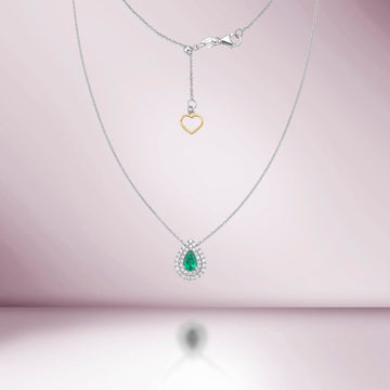 Pear Shape Emerald With Double Diamond Halo Necklace (0.63 ct.) in 18K Gold