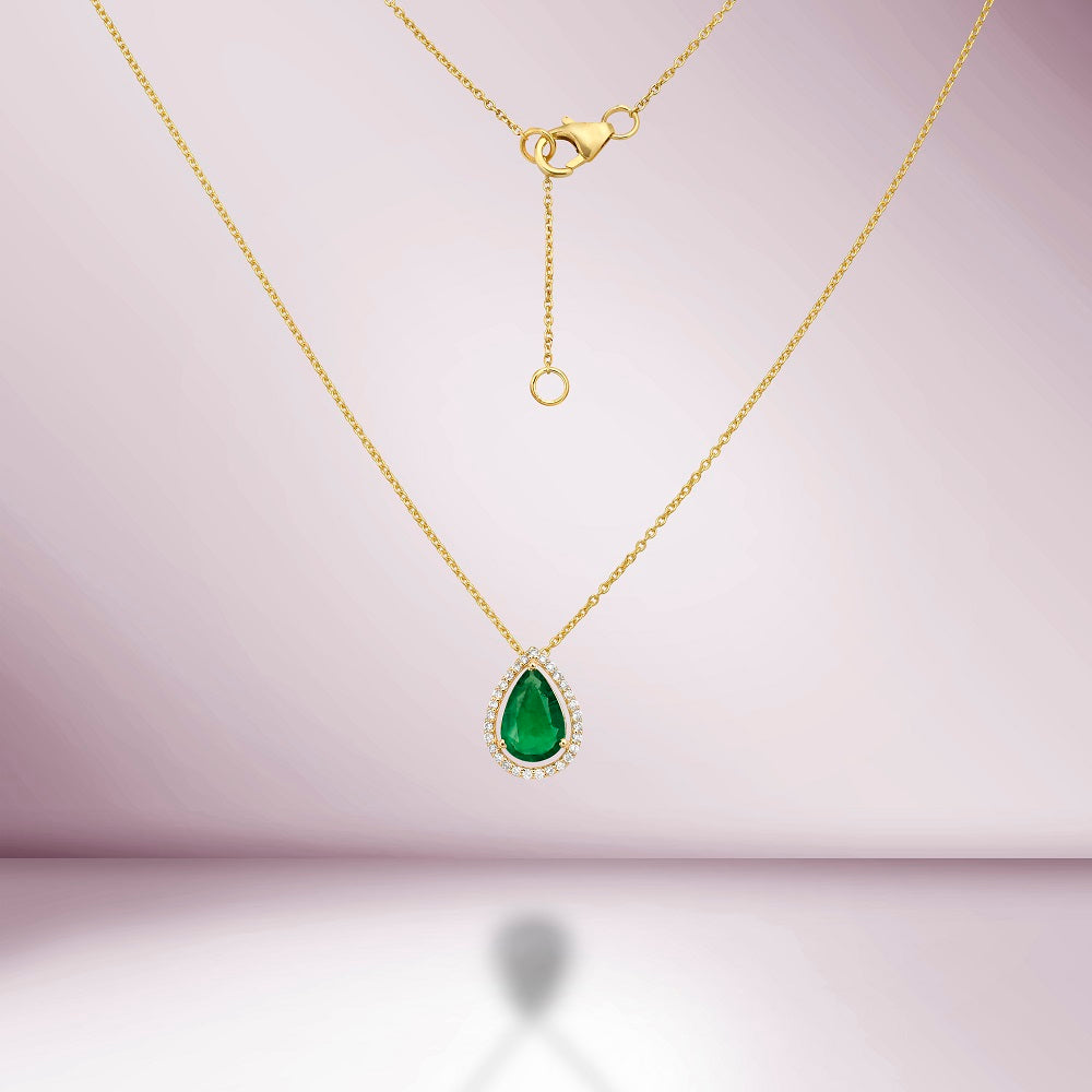 Pear Shape Emerald With Diamond Halo Necklace (2.90 ct.) in 14K Gold