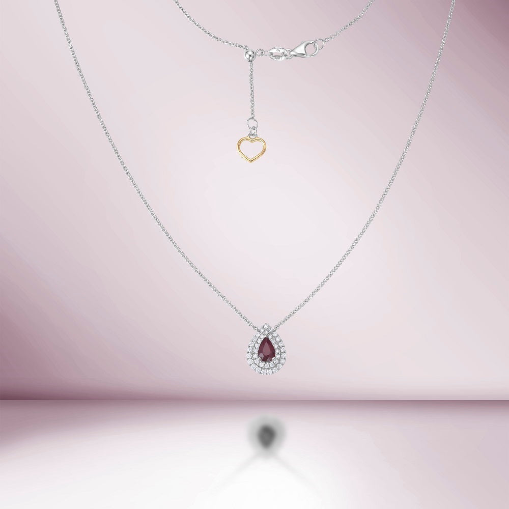 Pear Shape Red Ruby With Diamond Halo Necklace (0.73 ct.) in 18K Gold