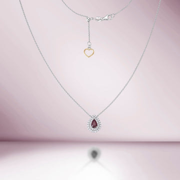 Pear Shape Red Ruby With Diamond Halo Necklace (0.73 ct.) in 18K Gold