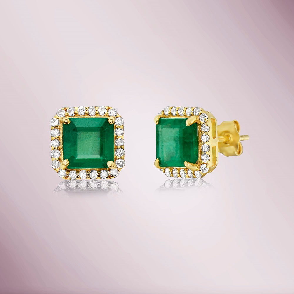 Princess Cut Emerald With Halo Diamonds Studs Earrings (2.64 ct.) in 14K Gold