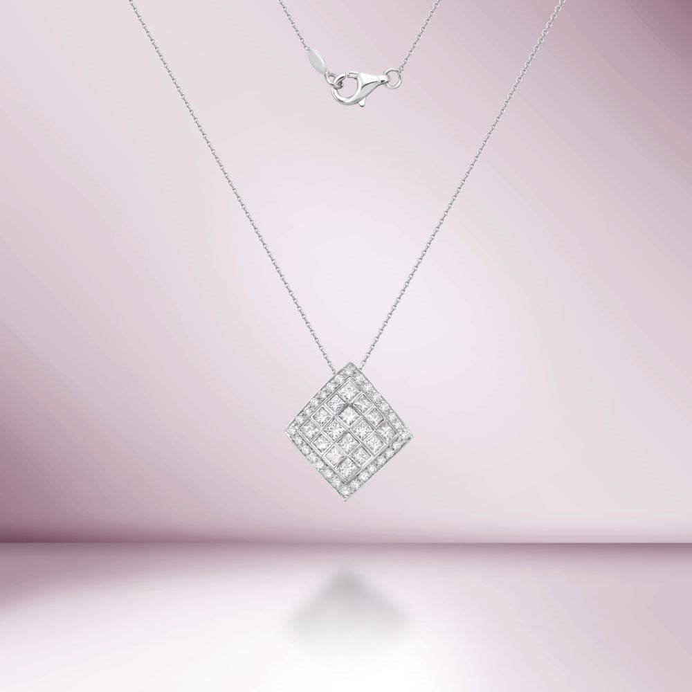 Princess Cut & Round Diamond Necklace (1.88 ct.) in 18K Gold