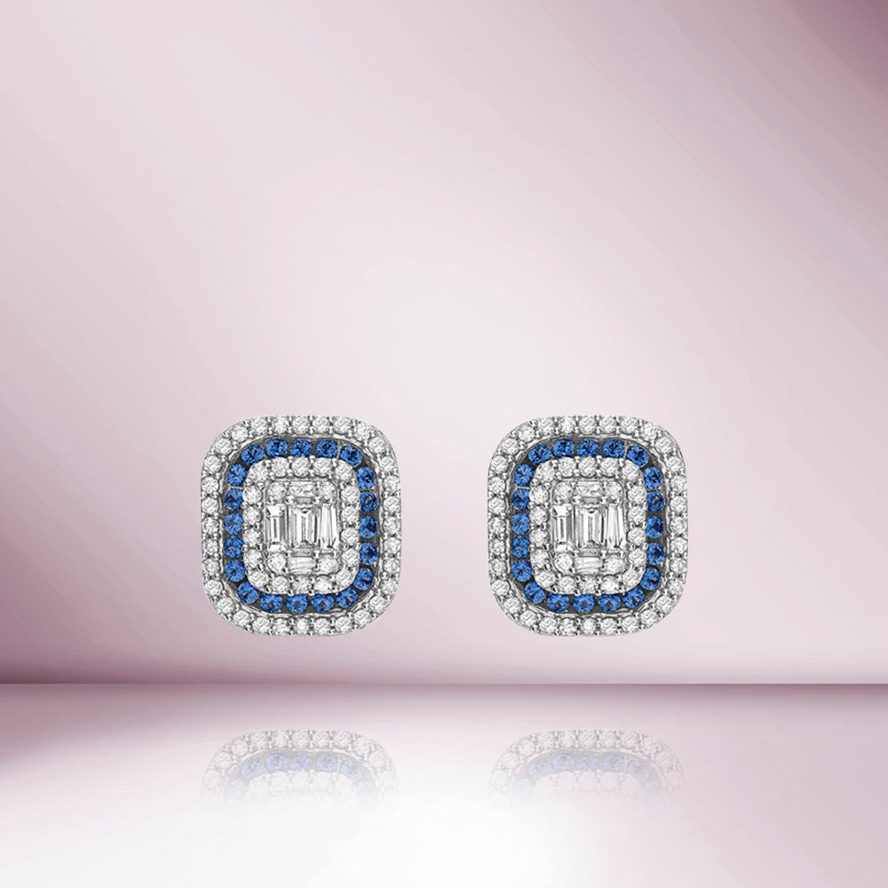 Triple Halo Diamonds & Sapphires Rectangular Shape Studs Earrings (1.00 ct.) in 14K Gold