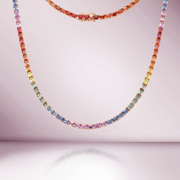 Rainbow Multi Color Sapphire Emerald Cut Tennis Necklace (25.00 ct.) 4-Prongs Setting in 14K Gold