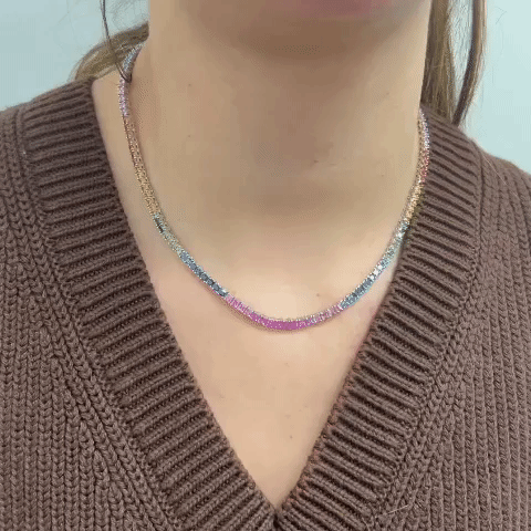 Rainbow Multi Color Square Shape Sapphire Tennis Necklace ( 14.50 ct.) 4-Prongs in 14K Gold