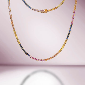 Rainbow Multi Color Square Shape Sapphire Tennis Necklace ( 14.50 ct.) 4-Prongs in 14K Gold