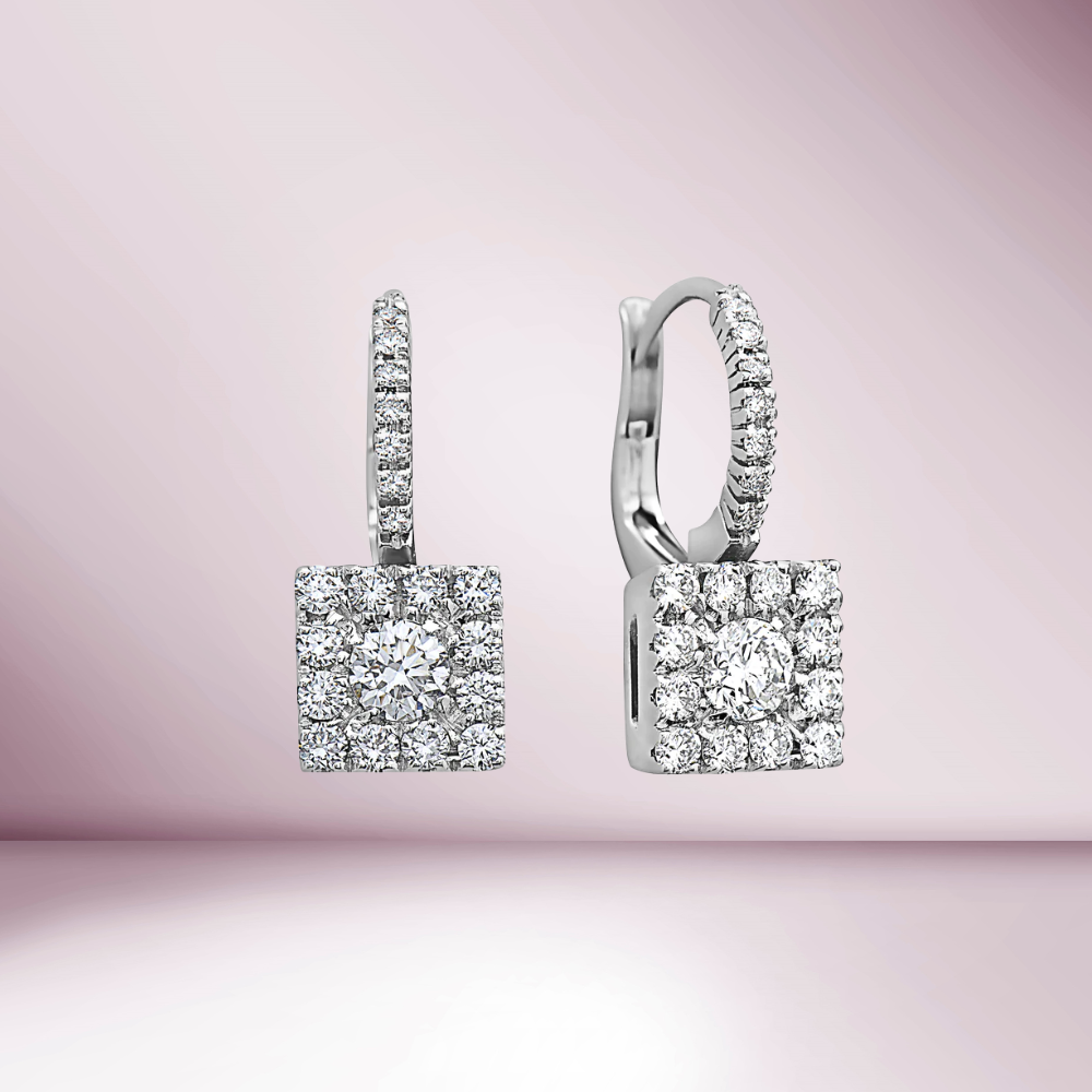 Ready to Ship one of a kind 18k Made in Italy 1.04 ct. square cluster illusion white natural diamonds huggies earrings