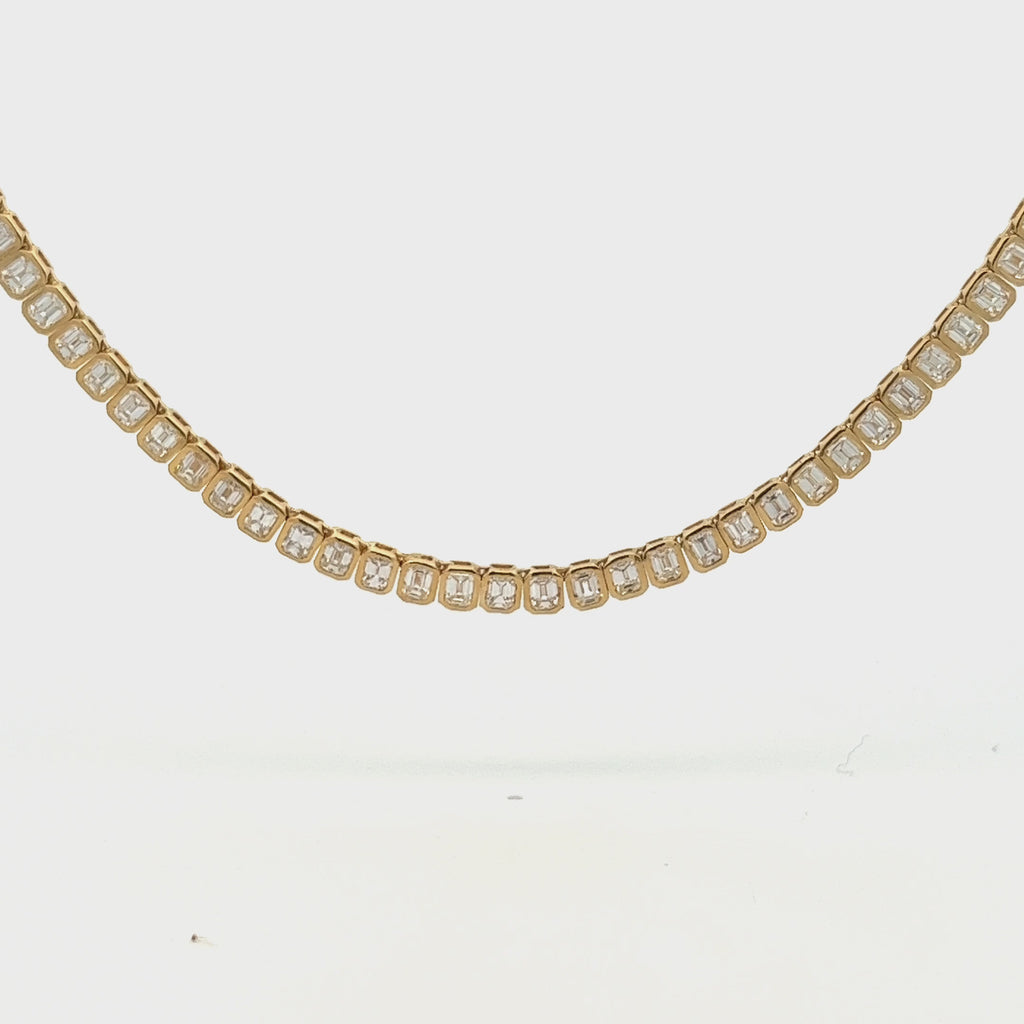 Emerald Cut Diamond Tennis Necklace (13.60 ct.) Bezel Set in 18K Gold