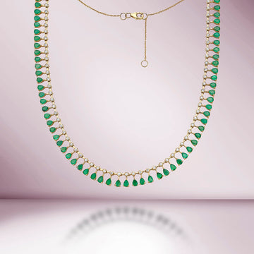 Diamond & Dangling Pear Shape Emerald Choker Necklace (10.20 ct.) in 14K Gold